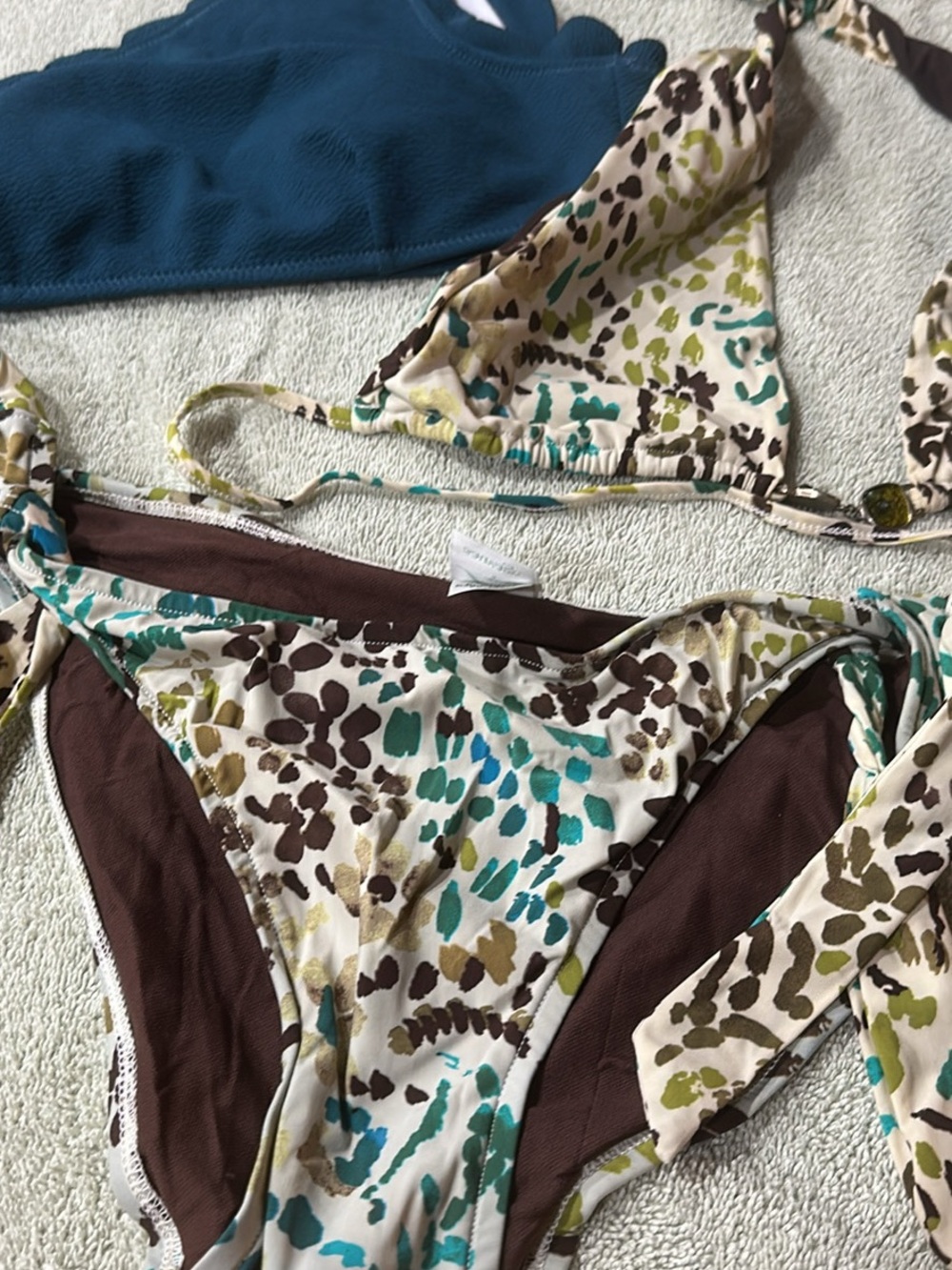 Multi  Print Tie-Side Bikini top , Bottom and Triangle Top - Teal, Brown, Olive